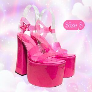 Club Exx Pink Platform Heels Star Strap Clear PVC Y2K Rave Dolls Kill Chunky - 8